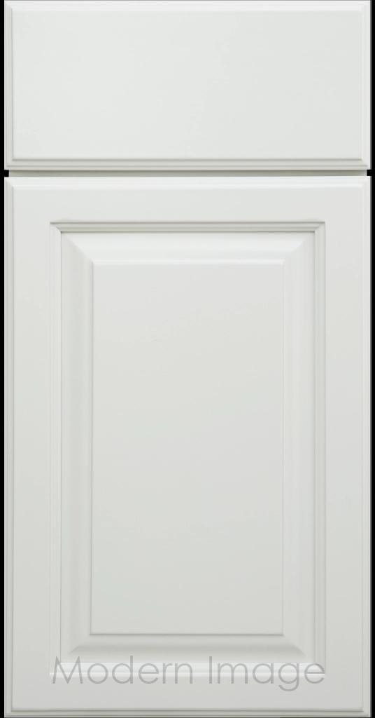 Hampton kitchen cabinets featuring raised panel doors and flat slab drawer fronts in a Dew matte finish.